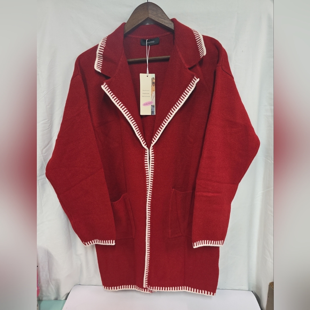 Dokotoo Red Open Front Cardigan with White Trim Mid Length Size Medium